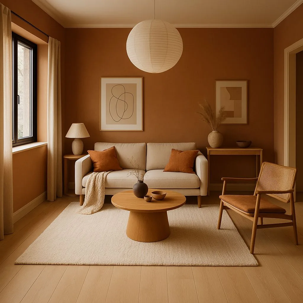 Scandinavian living room with terracotta walls, light wood floors, cream linen sofa, round wood table, paper lantern, photorealistic interior design photography, 8k