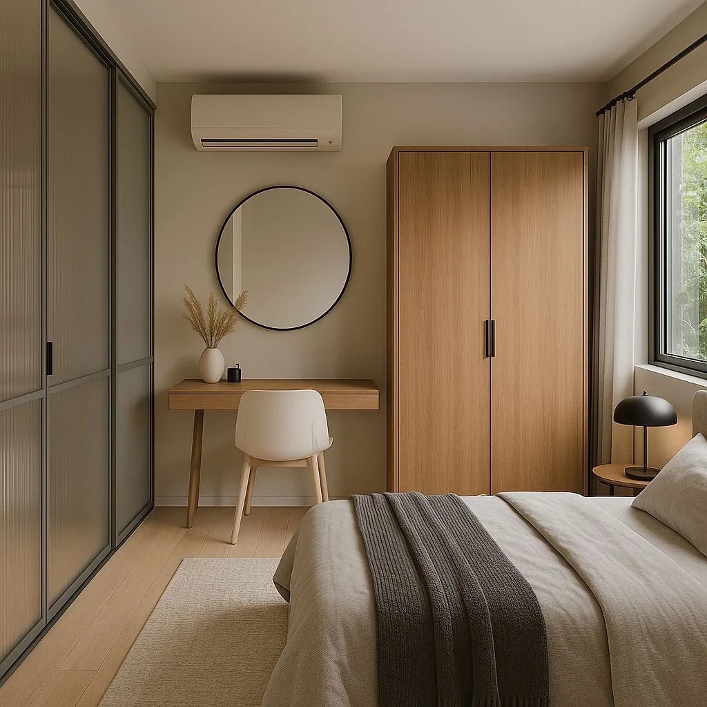 Minimalist Scandinavian bedroom with light wood floors, beige linen bedding, oak wardrobe, frosted glass closet doors, round black mirror, photorealistic interior design photography, 8k