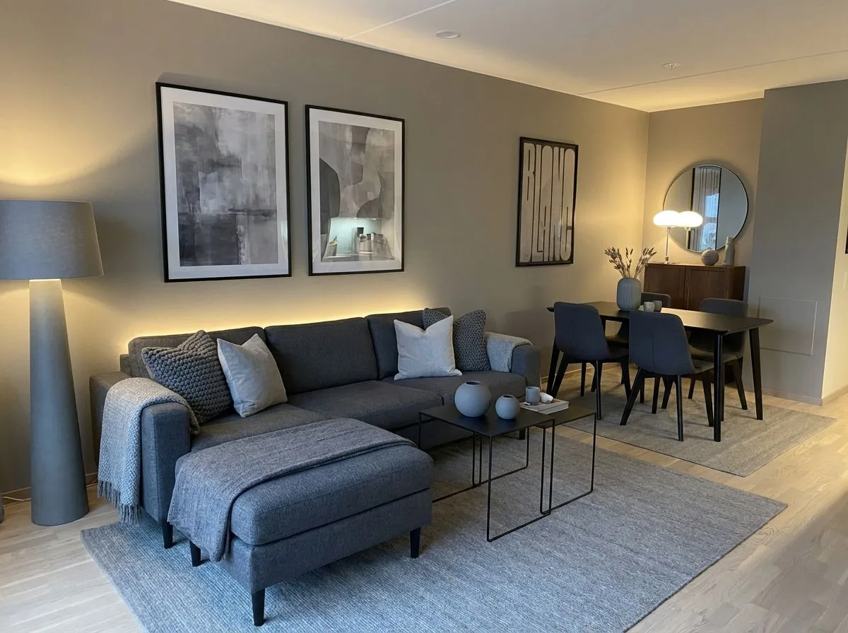 Modern Scandinavian living dining room with grey sectional, black metal tables, neutral walls, light wood floors, warm recessed lighting, photorealistic interior design photography, 8k