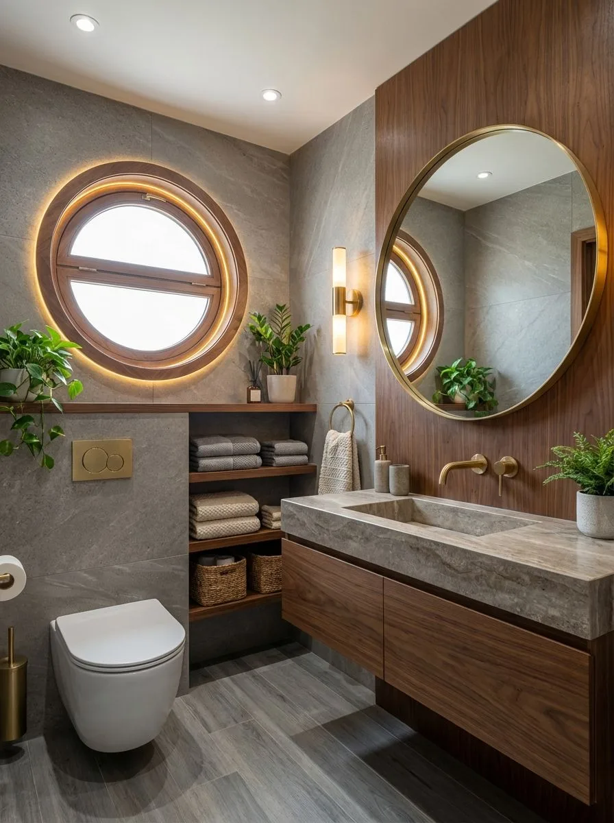 Modern bathroom with grey porcelain tile, wood vanity, round brass mirror, round window with integrated lighting, brass fixtures, photorealistic interior design photography, 8k