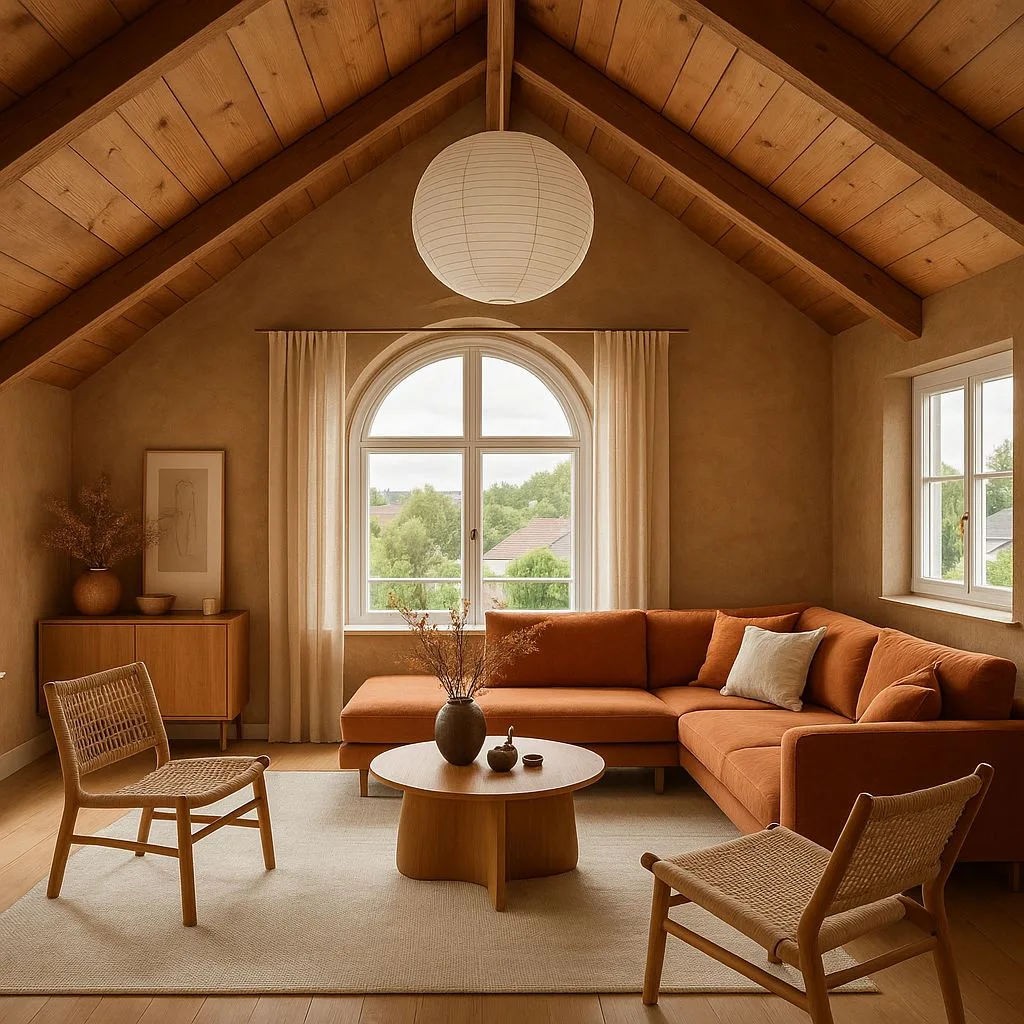 Scandinavian attic living room with exposed wood beams, rust colored sectional sofa, woven chairs, round wood coffee table, paper lantern, photorealistic interior design photography, 8k