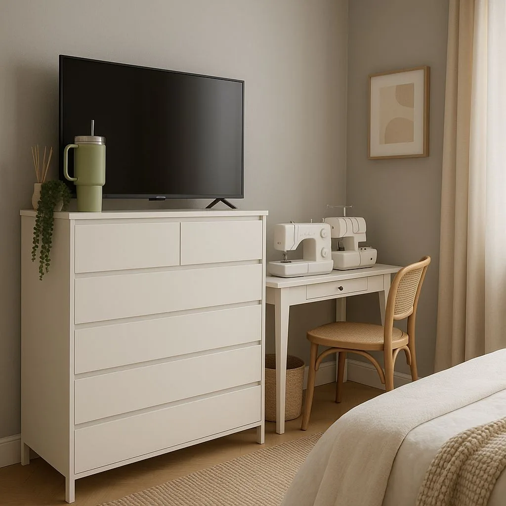Scandinavian bedroom with white dresser, small desk, two sewing machines, woven chair, light wood floors, photorealistic interior design photography, 8k