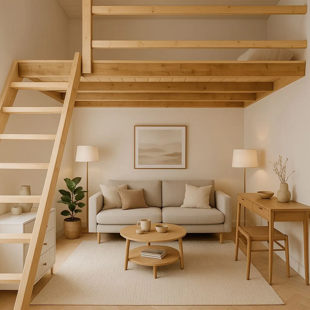 Minimalist studio apartment with lofted wood bed, beige linen sofa, round wood coffee table, neutral rug, floor lamps, photorealistic interior design photography, 8k
