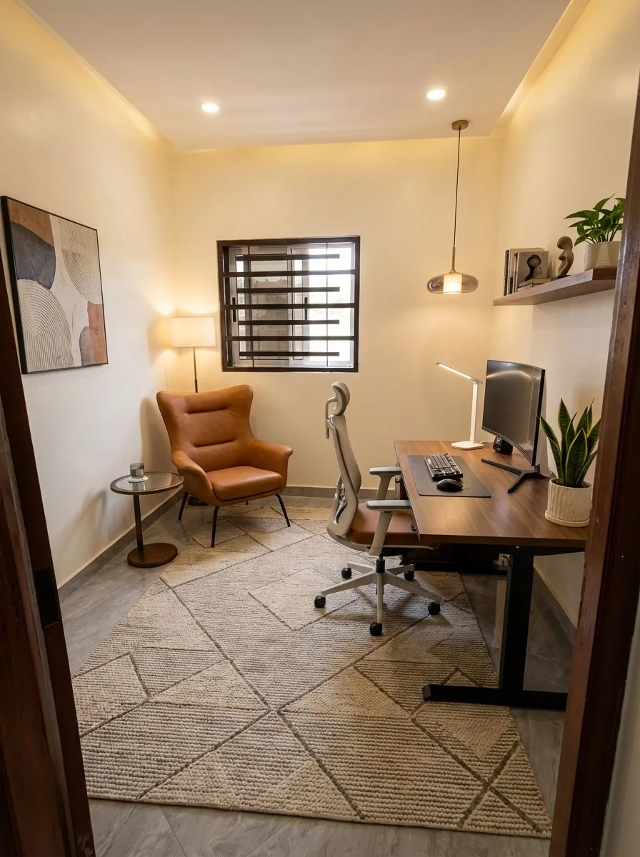 Contemporary home office with warm grey walls, dark wood desk, tan leather chair, geometric rug, modern pendant, photorealistic interior design photography, 8k