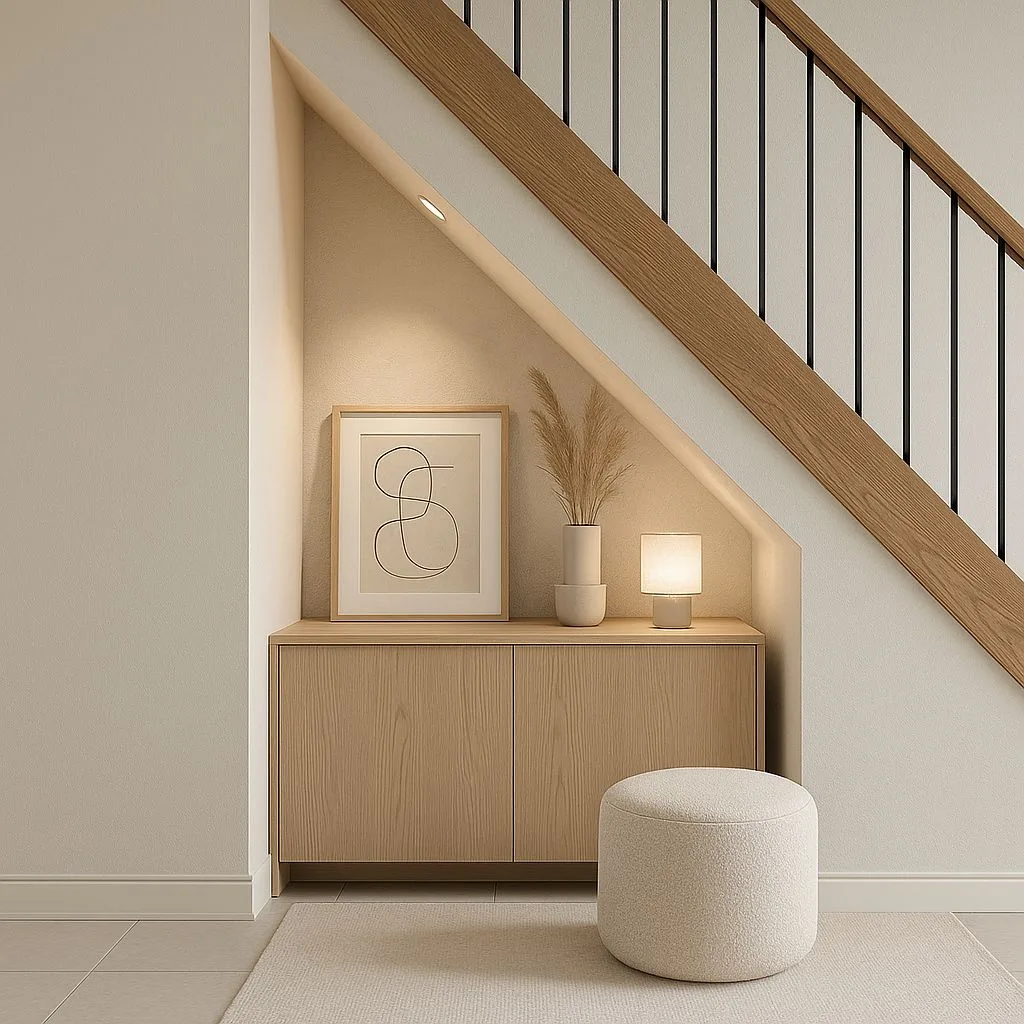 Minimalist Scandinavian entryway with light oak cabinet, neutral artwork, pampas grass, small table lamp, beige ottoman, photorealistic interior design photography, 8k