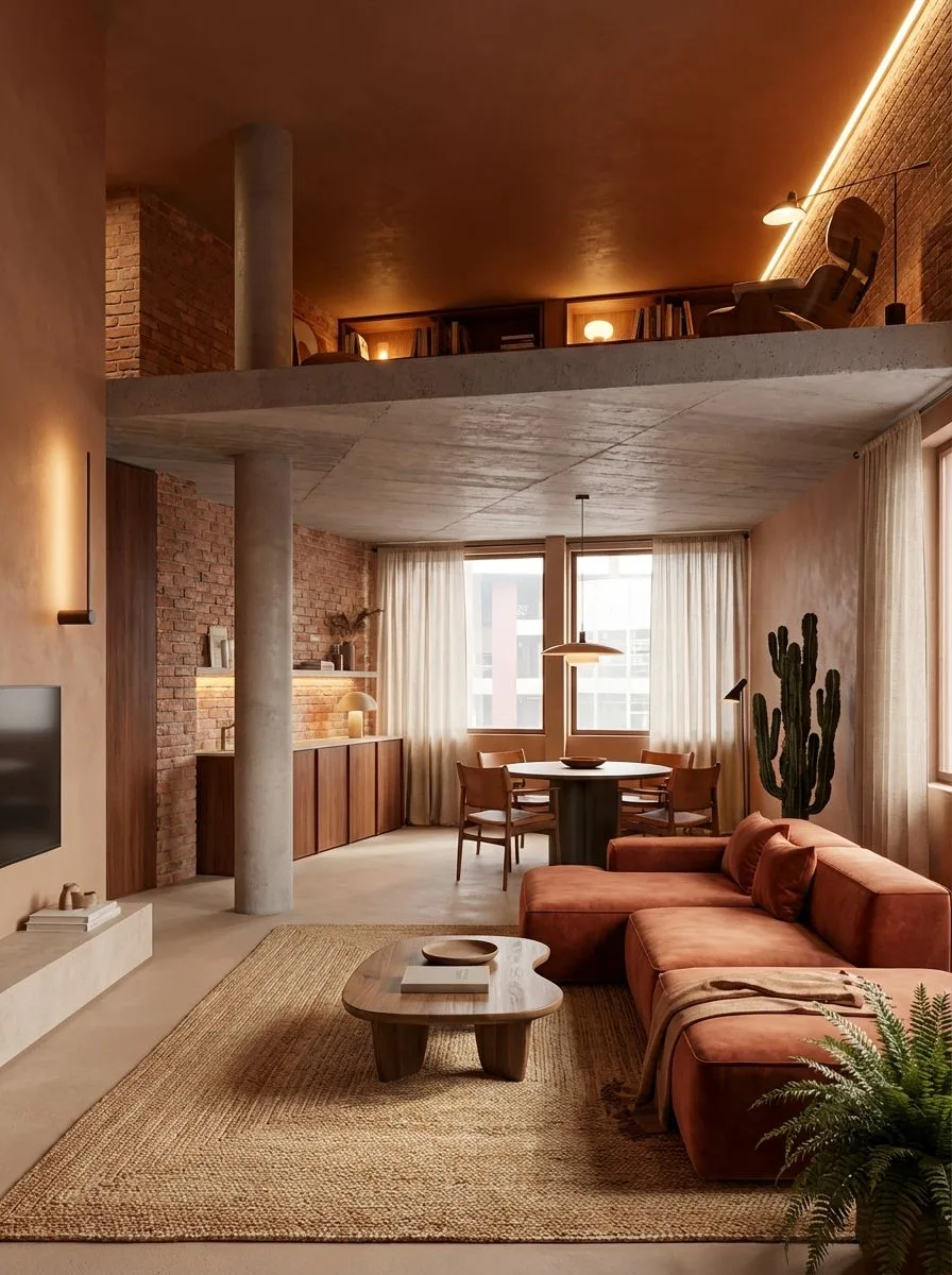 Modern industrial living room with terracotta walls, exposed brick, concrete mezzanine, rust sectional, jute rug, wood dining set, photorealistic interior design photography, 8k