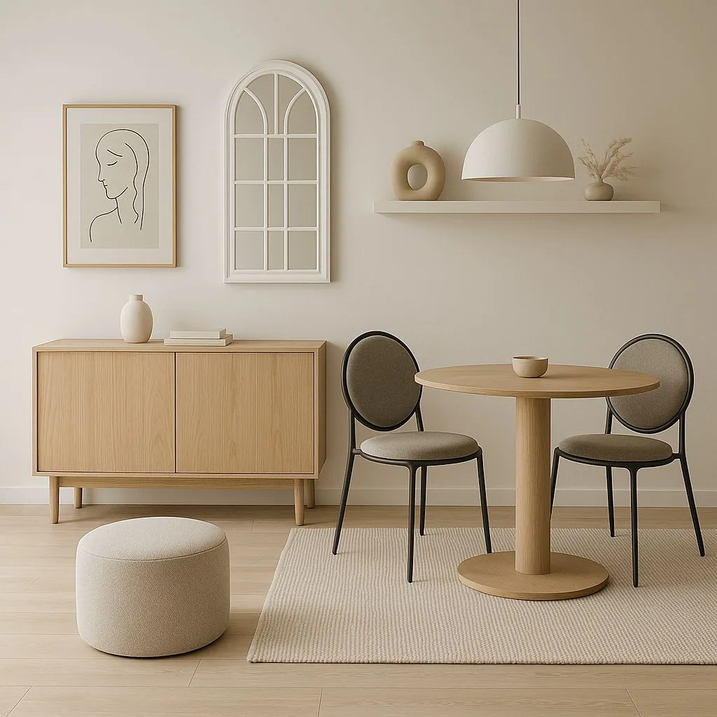 Minimalist Scandinavian dining room with light wood table, black metal chairs, beige textured rug, oak sideboard, white pendant, photorealistic interior design photography, 8k