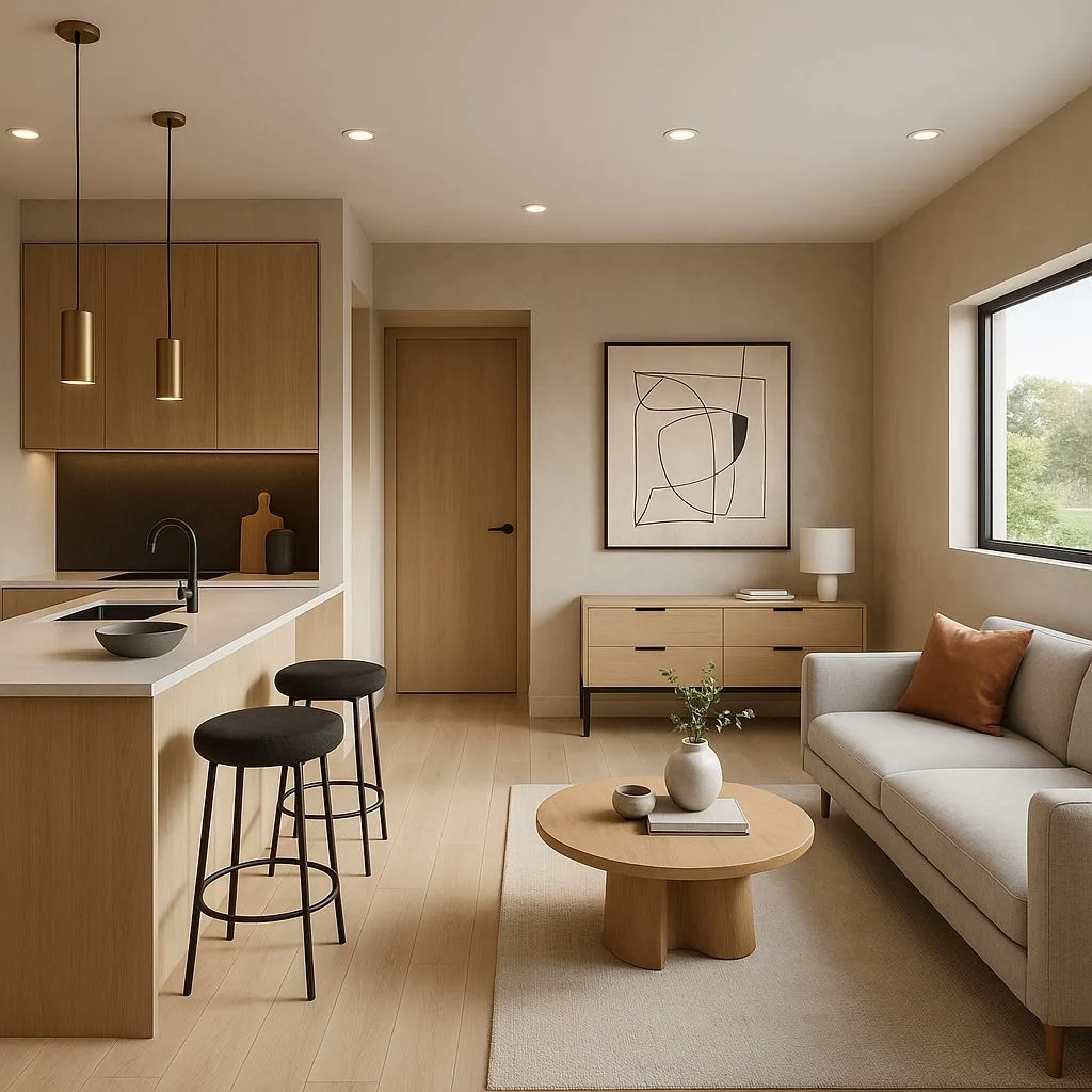 Modern open concept living space with light oak cabinets, white countertops, light grey sofa, round coffee table, abstract art, brass pendant lights, photorealistic interior design photography, 8k
