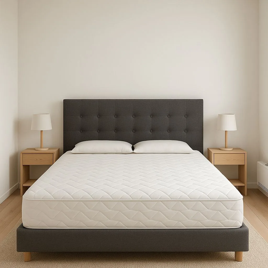 Minimalist bedroom with gray tufted headboard, white cotton bedding, light wood nightstands, ceramic lamps, neutral wool rug, photorealistic interior design photography, 8k