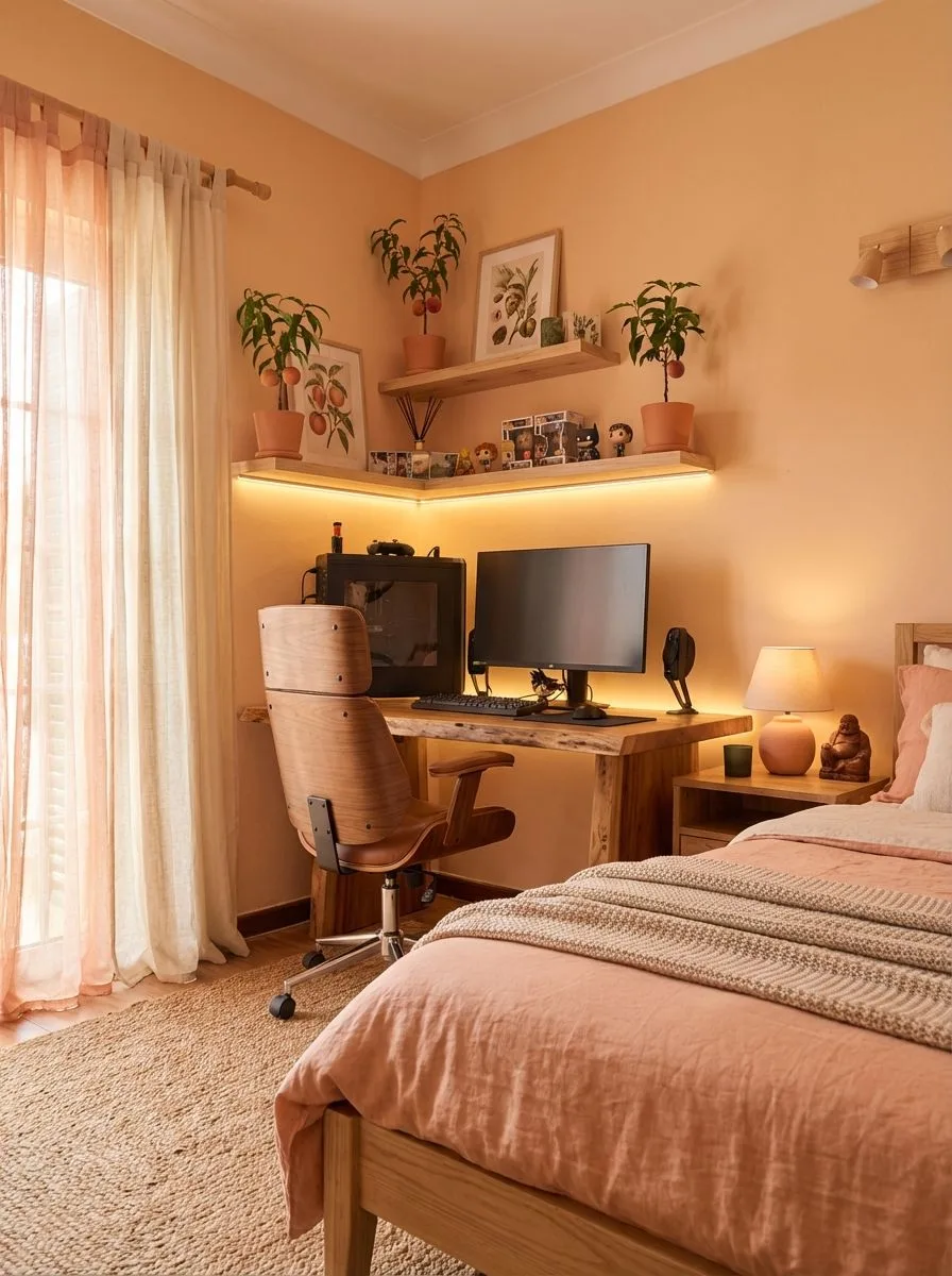 Bohemian peach bedroom with live edge wood desk, ergonomic wood chair, open shelving with plants, jute rug, linen bedding, photorealistic interior design photography, 8k