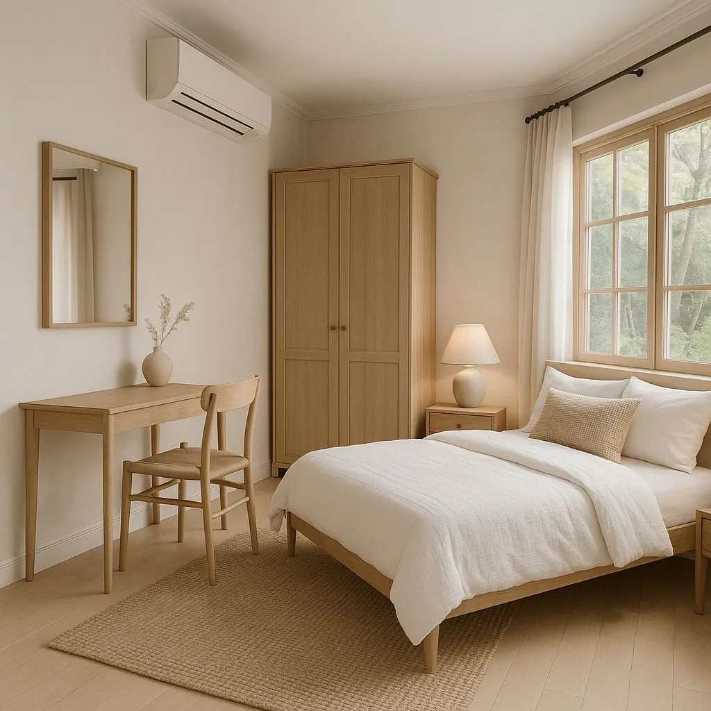 Scandinavian bedroom with natural wood bed frame, white linen duvet, jute rug, wood desk, sheer curtains, photorealistic interior design photography, 8k