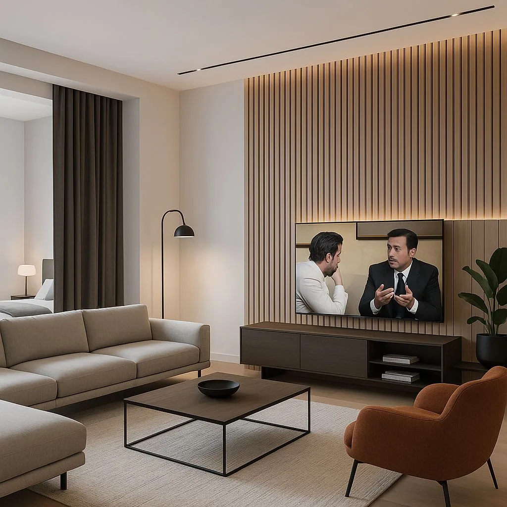Modern minimalist living room with wood slat accent wall, taupe sectional sofa, dark wood media console, black track lighting, terracotta armchair, photorealistic interior design photography, 8k