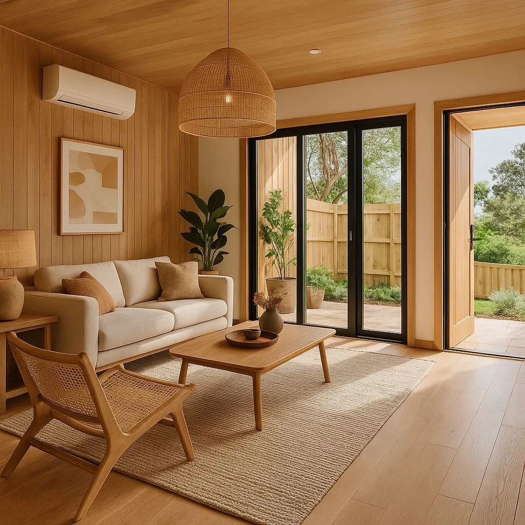 Warm minimalist living room with light wood paneling, off-white sofa, jute rug, woven pendant, sliding glass doors, photorealistic interior design photography, 8k