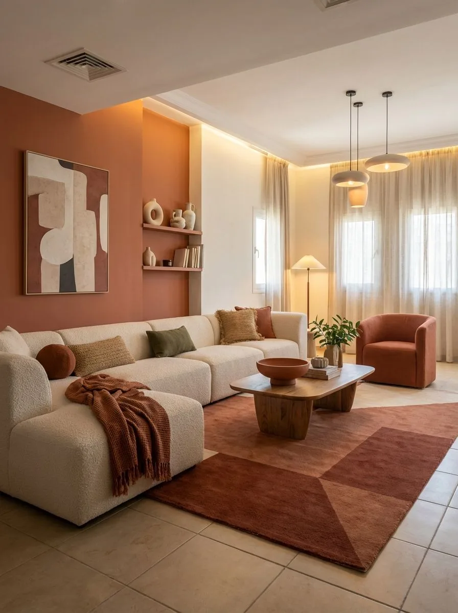 Warm contemporary living room with terracotta accent wall, white boucle sectional sofa, wood coffee table, geometric patterned rug, sheer curtains, photorealistic interior design photography, 8k