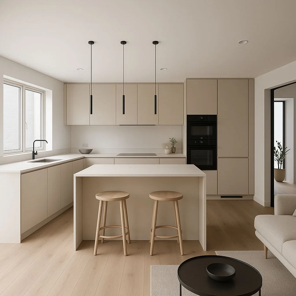 Minimalist modern kitchen with beige cabinets, white countertops, light wood floors, black pendant lights, wood stools, photorealistic interior design photography, 8k