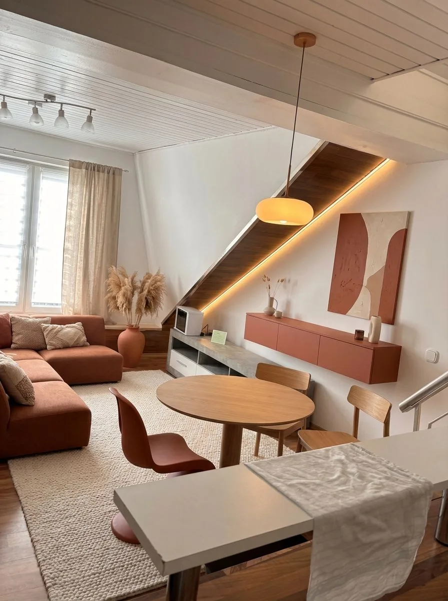 Modern bohemian living and dining room with rust colored sectional sofa, round wood table, beige woven rug, terracotta vase, warm LED strip lighting, photorealistic interior design photography, 8k