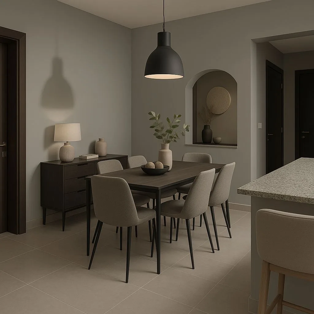 Modern minimalist dining room with warm gray walls, dark wood table, upholstered chairs, black pendant light, arched niche, photorealistic interior design photography, 8k