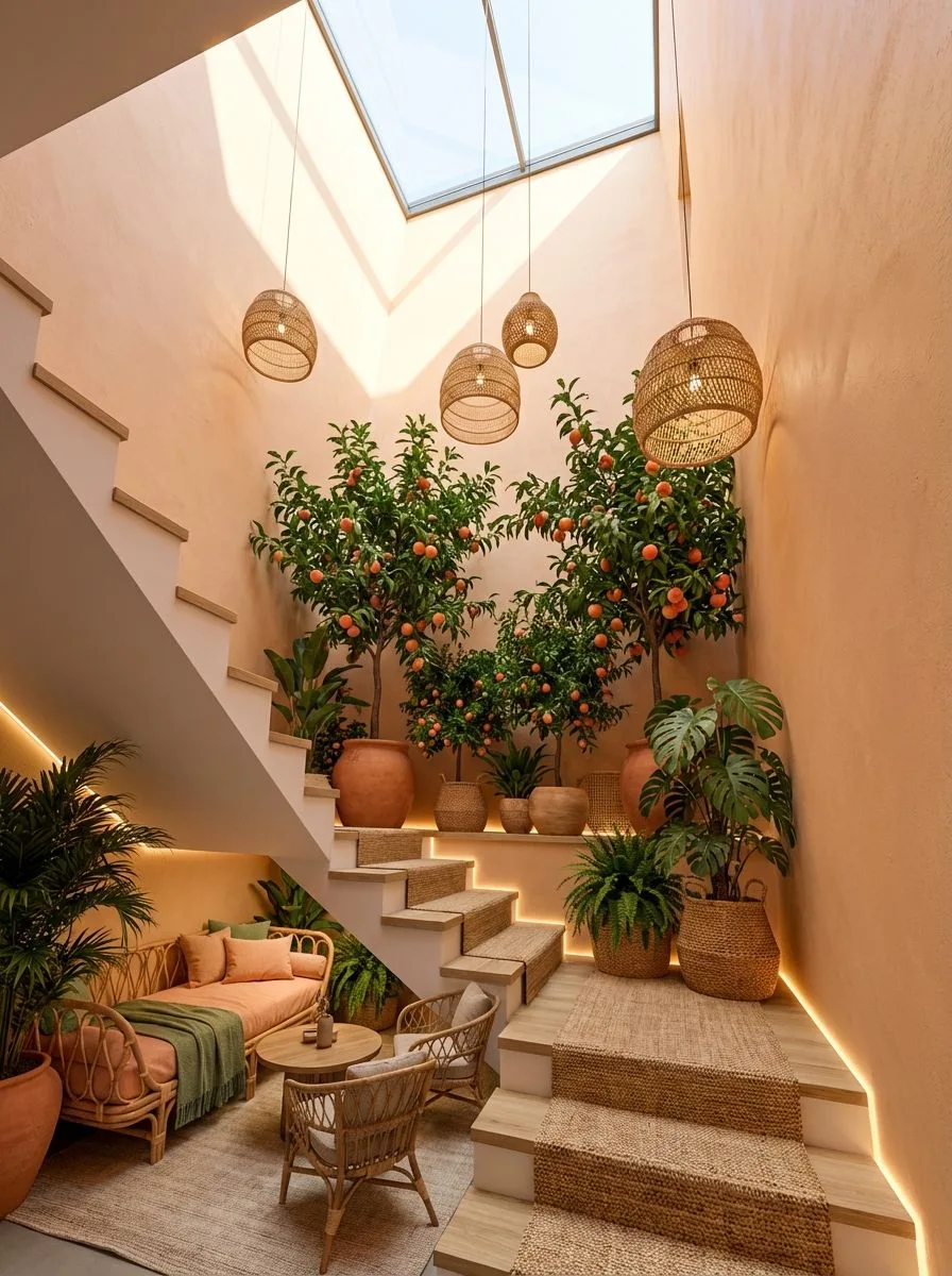 Mediterranean courtyard with terracotta walls, jute stair runner, rattan sofa, orange trees in terracotta pots, woven pendants, photorealistic interior design photography, 8k
