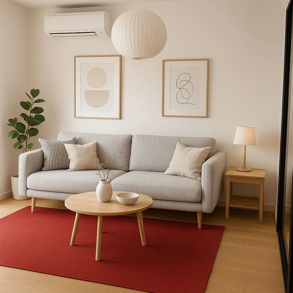 Minimalist Scandinavian living room with light grey sofa, round wood table, bright red rug, paper lantern pendant, wood frame art, photorealistic interior design photography, 8k