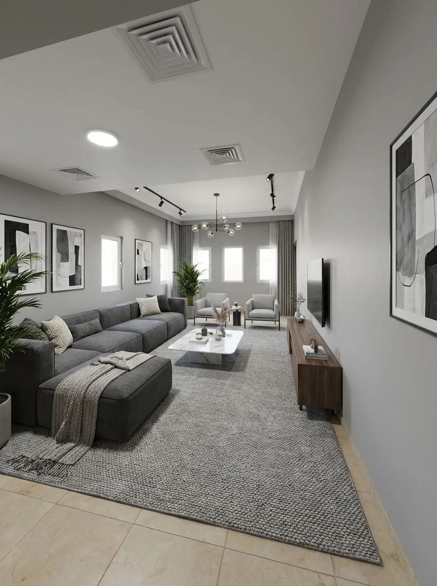 Contemporary open concept living room with gray sectional sofa, marble coffee table, light gray rug, track lighting, minimalist decor, photorealistic interior design photography, 8k