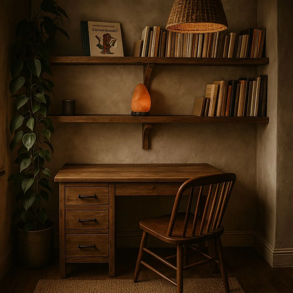 Rustic home office nook with wood desk, open shelving, woven pendant, salt lamp, potted pothos, photorealistic interior design photography, 8k