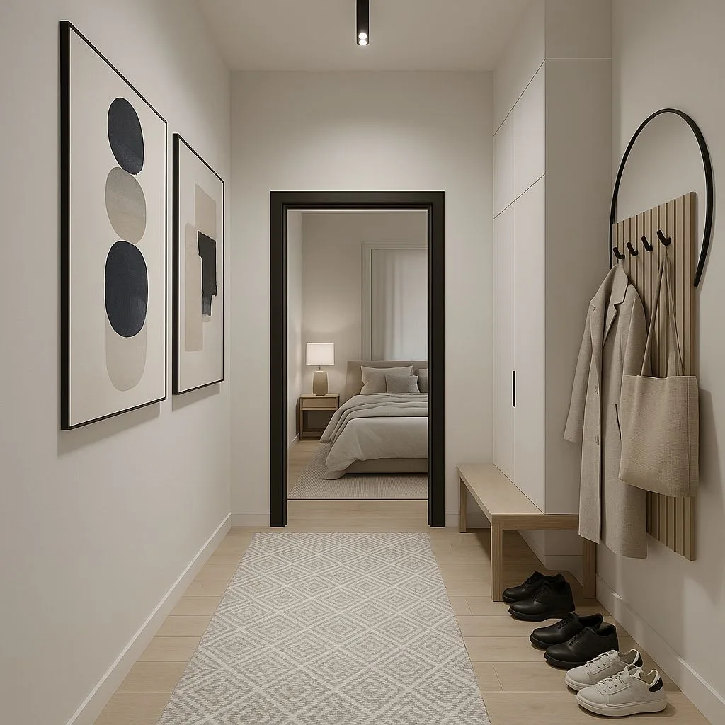 Modern minimalist entryway with light wood floors, white walls, geometric rug, black framed art, wood slat coat rack, photorealistic interior design photography, 8k
