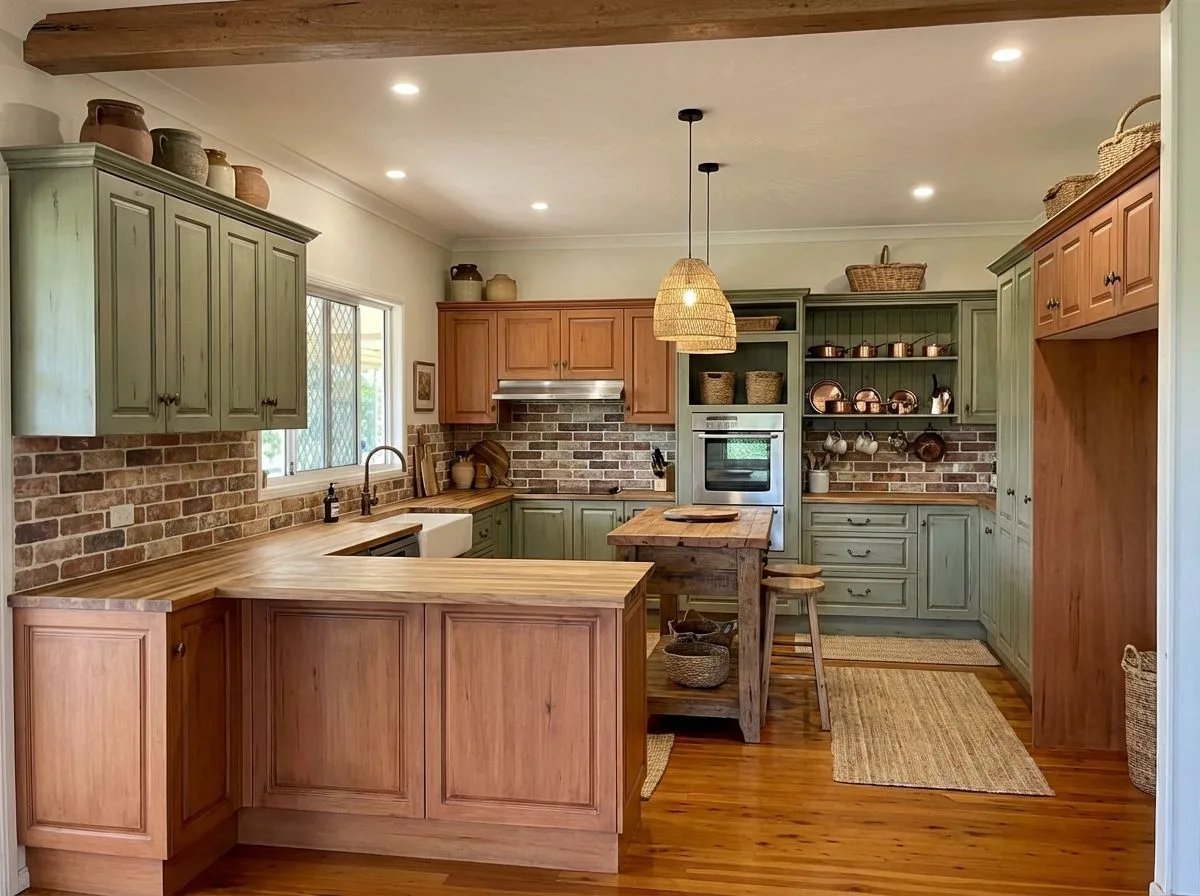 Rustic farmhouse kitchen with sage green cabinets, brick backsplash, butcher block counters, wood island, woven pendants, hardwood floors, photorealistic interior design photography, 8k