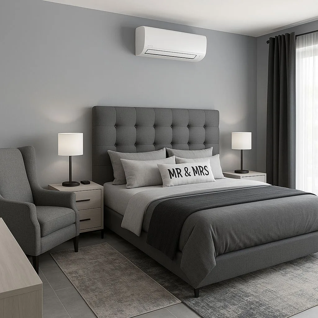 Contemporary gray bedroom with tufted headboard, gray linen bedding, matching gray armchair, black table lamps, layered gray rugs, photorealistic interior design photography, 8k