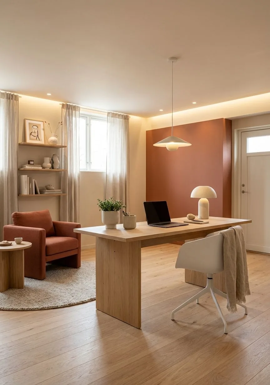 Minimalist Scandinavian home office with light oak desk, terracotta accent wall, rust armchair, sheer linen curtains, mushroom lamp, photorealistic interior design photography, 8k