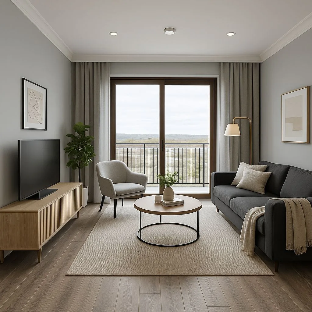 Contemporary living room with grey walls, dark grey sofa, light wood floors, beige rug, brass floor lamp, photorealistic interior design photography, 8k