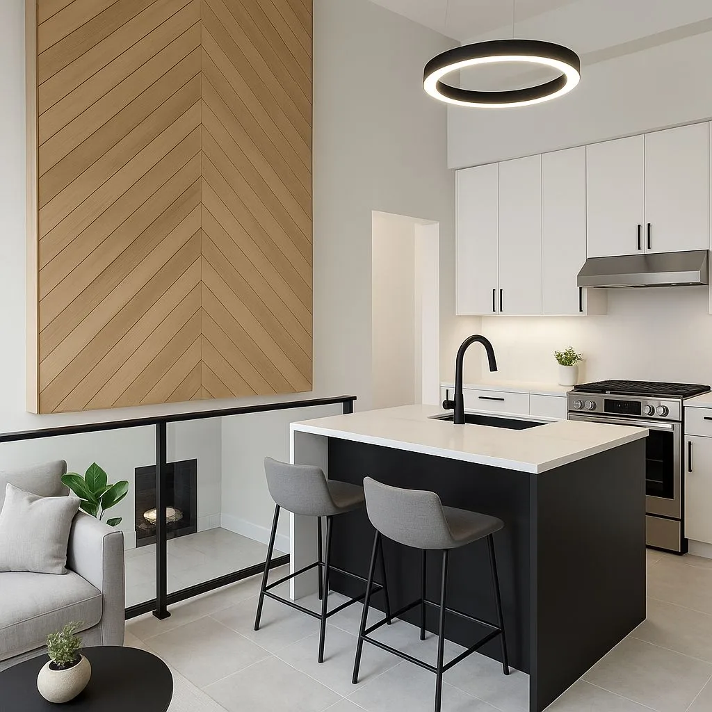 Contemporary open concept living space with black island, white cabinets, quartz countertops, light wood chevron wall, black circular pendant, photorealistic interior design photography, 8k