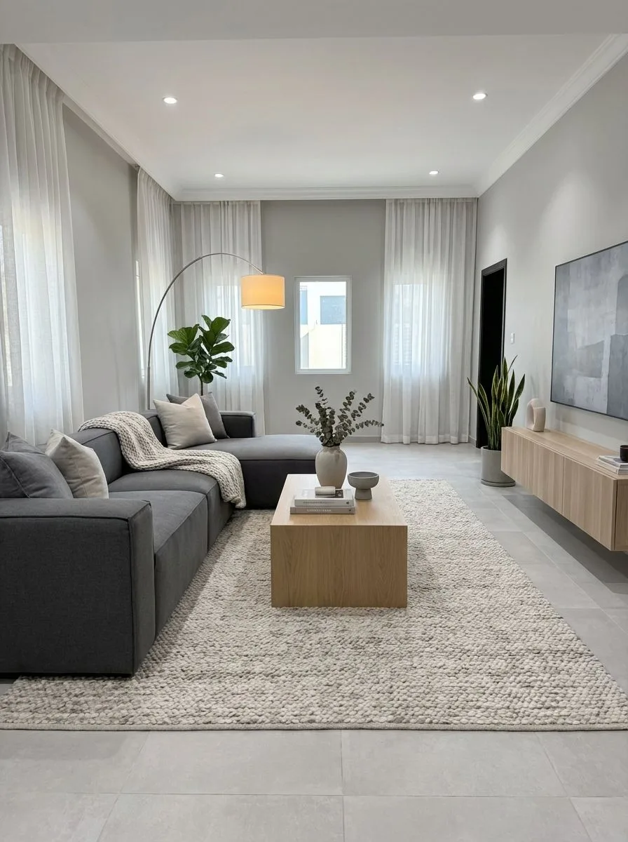 Minimalist living room with grey sectional sofa, light wood coffee table, chunky wool rug, sheer white curtains, floor lamp, photorealistic interior design photography, 8k