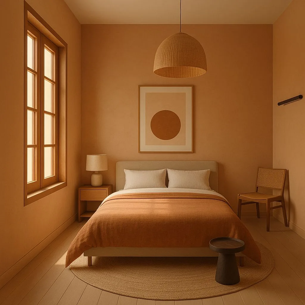Minimalist terracotta bedroom with light wood floors, linen bedding, woven jute rug, rattan pendant light, wood framed window, photorealistic interior design photography, 8k