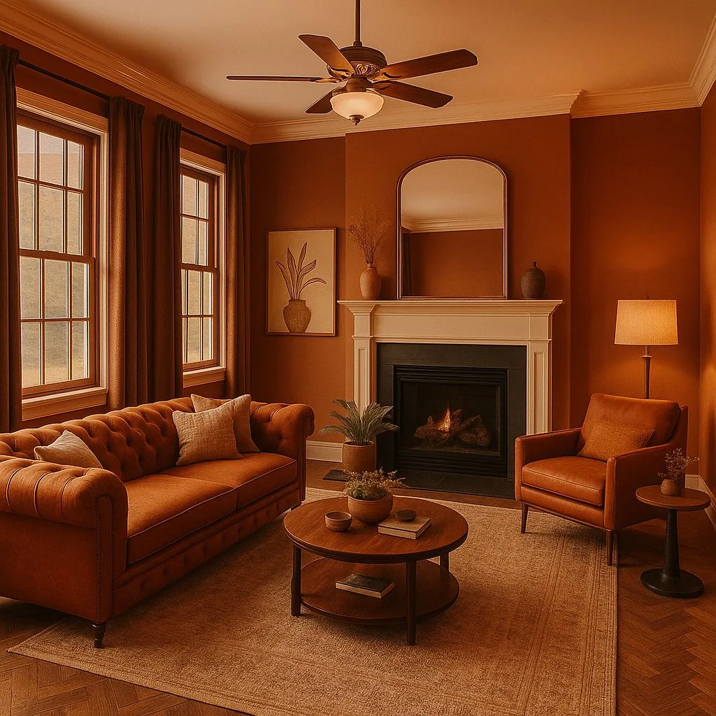 Transitional living room with terracotta walls, tufted leather sofa, fireplace mantel, round wood table, herringbone floors, photorealistic interior design photography, 8k