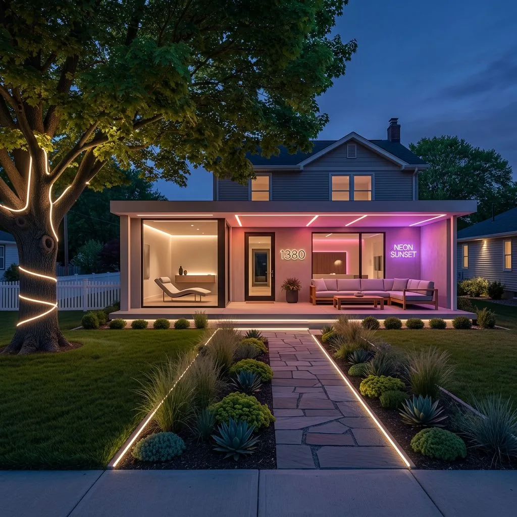 Modern home exterior with warm grey siding, wood patio furniture, neon sign, stone walkway, landscape lighting, photorealistic interior design photography, 8k