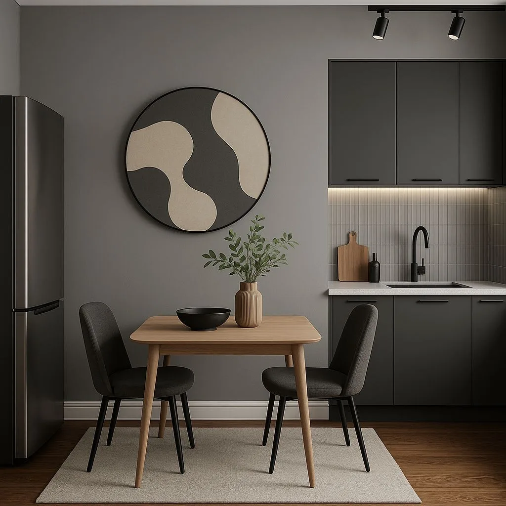 Modern minimalist kitchen with dark gray cabinets, light wood dining table, gray upholstered chairs, abstract circular wall art, track lighting, photorealistic interior design photography, 8k