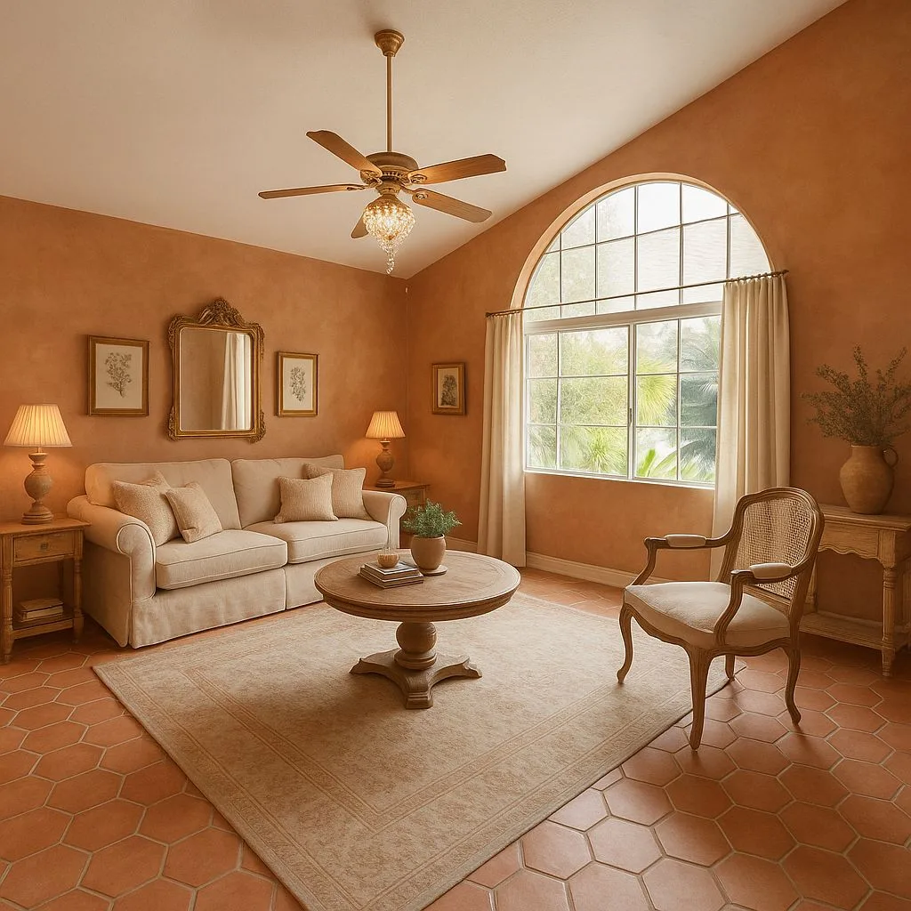 Mediterranean living room with terracotta tile floors, textured peach walls, cream linen sofa, round wood coffee table, brass ceiling fan, photorealistic interior design photography, 8k