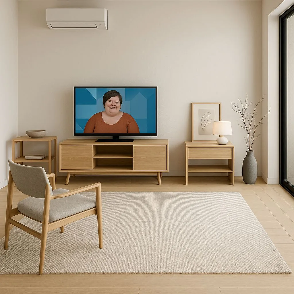Neutral Scandinavian living room with light oak wood furniture, beige woven rug, linen upholstered chair, minimal decor, ceramic table lamp, photorealistic interior design photography, 8k
