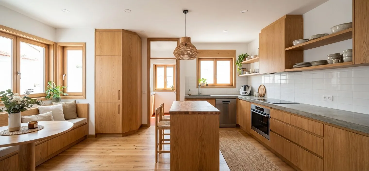 Warm modern kitchen with light oak cabinets, concrete countertops, white subway tile backsplash, woven pendant light, hardwood floors, photorealistic interior design photography, 8k