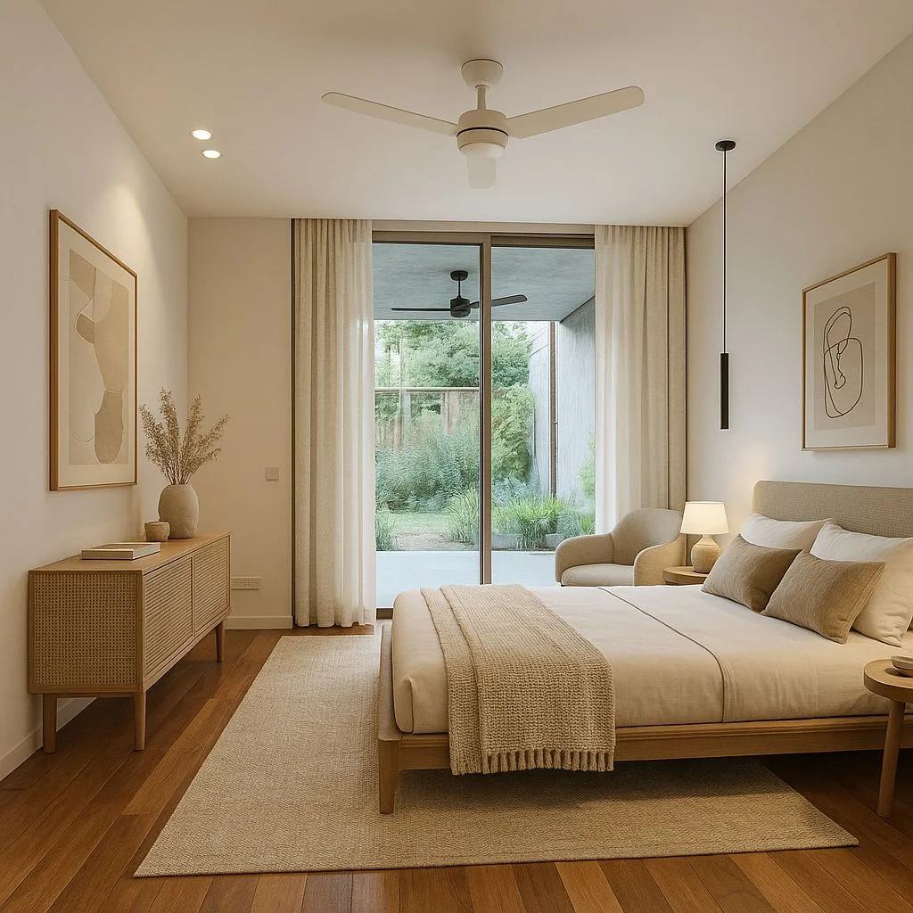 Minimalist modern bedroom with light wood bedframe, linen duvet, jute rug, rattan sideboard, black pendant light, photorealistic interior design photography, 8k