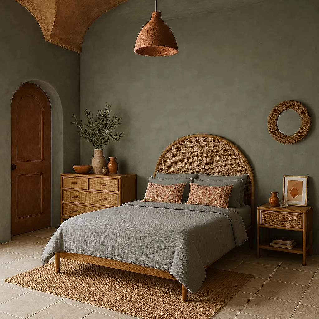 Mediterranean bedroom with sage walls, rattan headboard, light wood nightstands, terracotta pendant, gray linen bedding, woven rug, photorealistic interior design photography, 8k