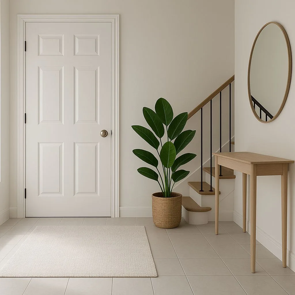 Transitional entryway with light grey tile, white walls, wood console, round wood-framed mirror, large bird of paradise, photorealistic interior design photography, 8k