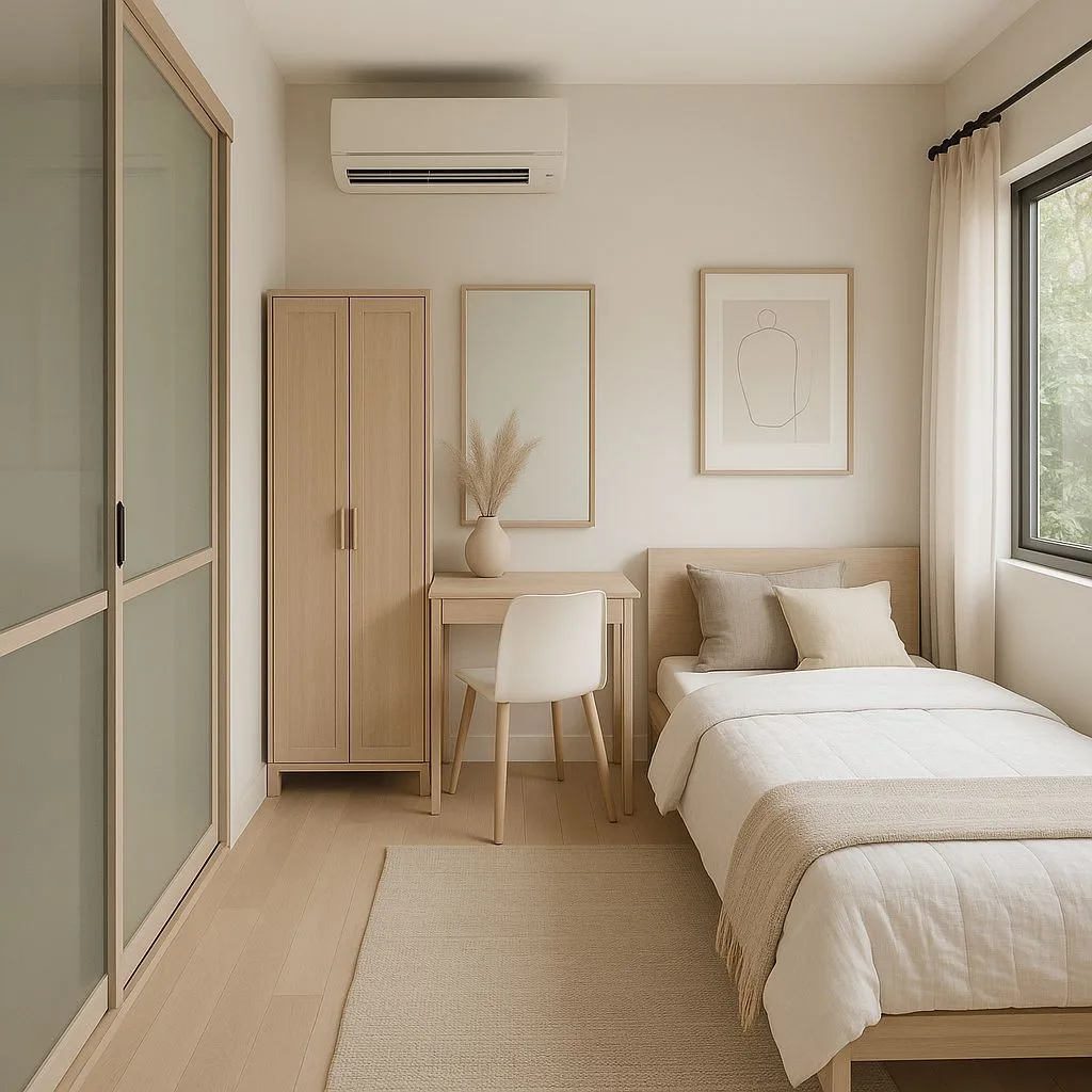 Minimalist Scandinavian bedroom with light wood bed frame, white bedding, woven rug, neutral artwork, frosted glass closet, photorealistic interior design photography, 8k