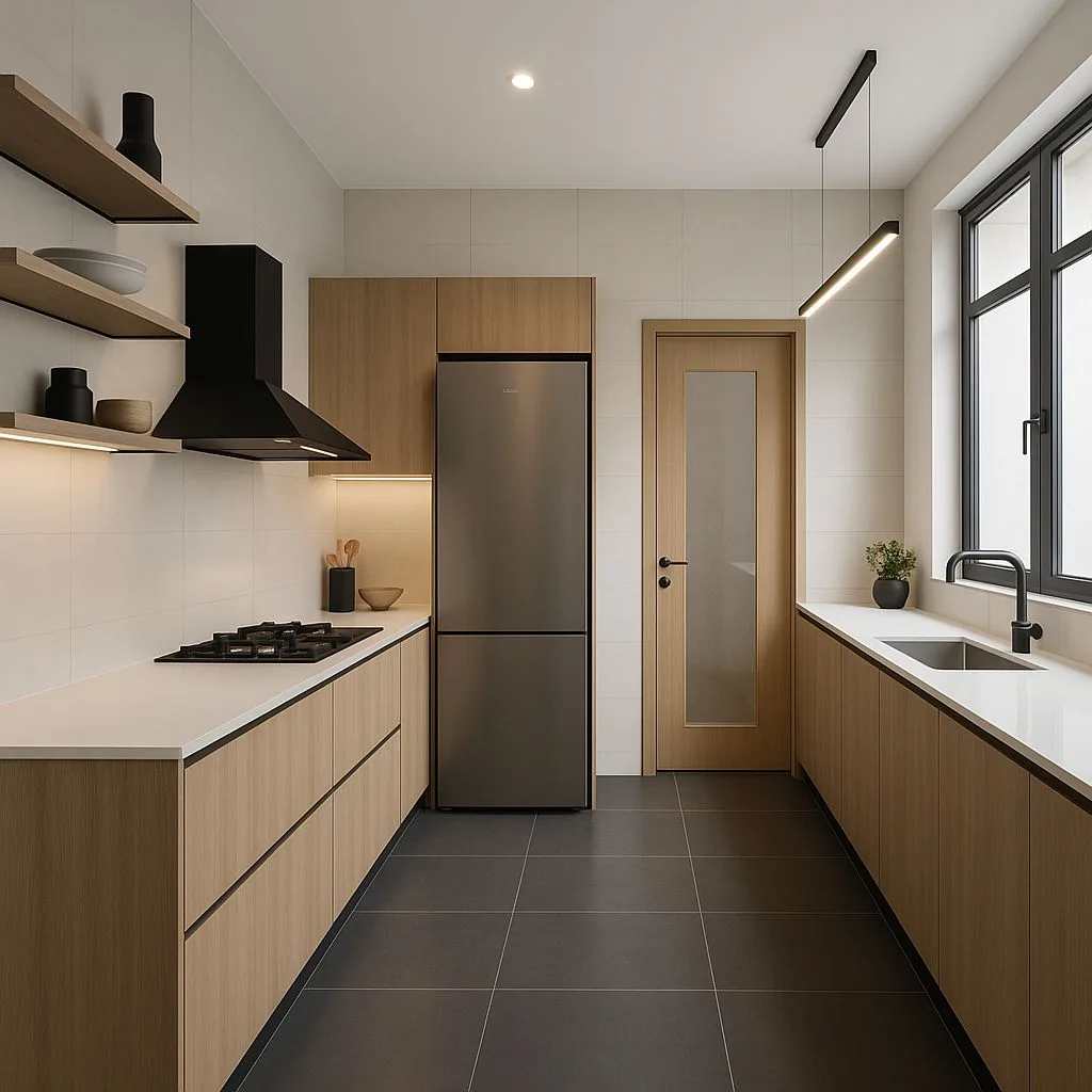 Modern minimalist kitchen with light wood cabinets, white quartz countertop, black linear pendant, stainless steel refrigerator, dark gray tile, photorealistic interior design photography, 8k