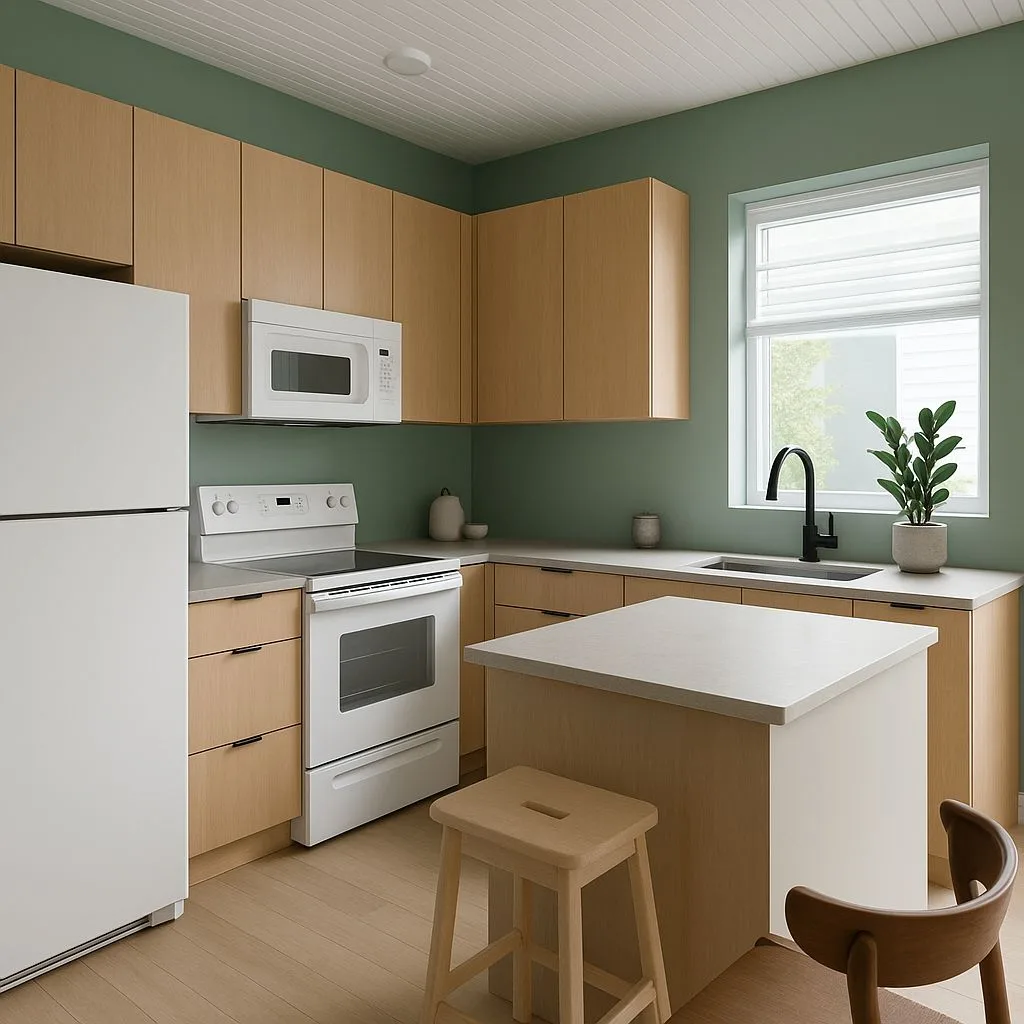 Modern Scandinavian kitchen with sage green walls, light wood cabinets, white counters, black faucet, wood stool, photorealistic interior design photography, 8k