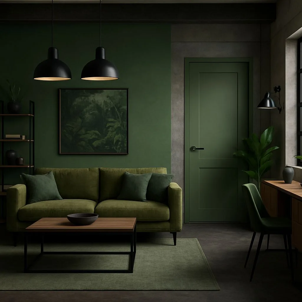 Moody modern living room with dark green walls, olive green sofa, wood coffee table, black pendant lights, concrete accents, photorealistic interior design photography, 8k