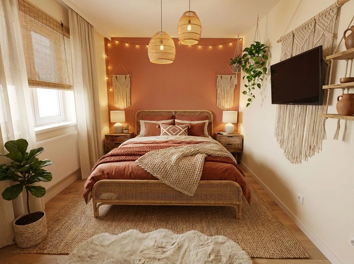 Bohemian bedroom with terracotta wall, rattan bed, jute rug, macrame wall decor, woven pendants, wood nightstands, photorealistic interior design photography, 8k