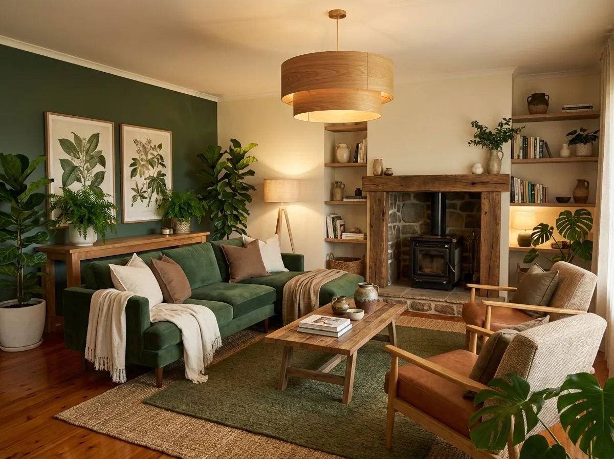 Rustic living room with forest green accent wall, wood burning stove, built in bookshelves, green velvet sofa, jute rug, wood pendant, photorealistic interior design photography, 8k
