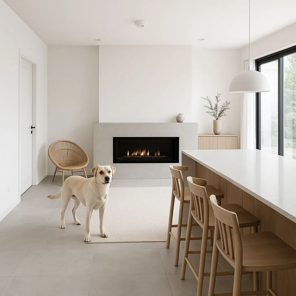 Minimalist modern kitchen with white walls, light wood island, concrete fireplace, light grey tile floor, rattan chair, photorealistic interior design photography, 8k