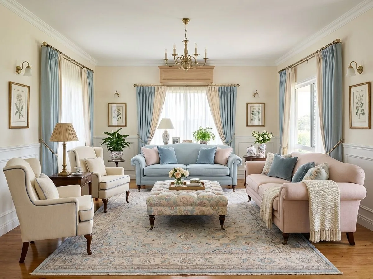 Traditional living room with light blue sofa, pink sofa, floral ottoman, patterned rug, brass chandelier, photorealistic interior design photography, 8k